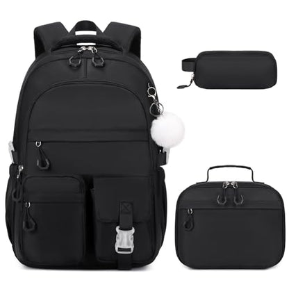 DIGOBAY 3PCS Girls Backpack for School, Kids Backpack for Girls with Lunch Bag Pencil Case, Kids Bookbag Teen Girl Backpacks for Elementary Middle High College School (Black) - color: Black