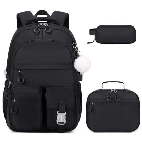 DIGOBAY 3PCS Girls Backpack for School, Kids Backpack for Girls with Lunch Bag Pencil Case, Kids Bookbag Teen Girl Backpacks for Elementary Middle High College School (Black) - color: Black