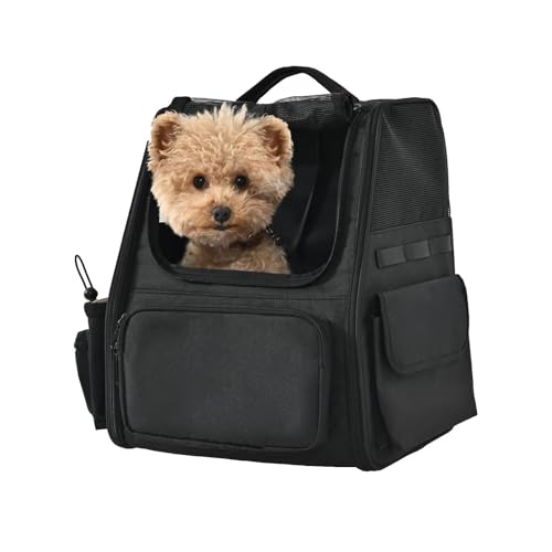 Amazon Basics Pet Backpack for Cats & Small Dogs, Collapsible Travel Carrier with Ventilated Mesh, Removable Pad, and Safety Leash, Black