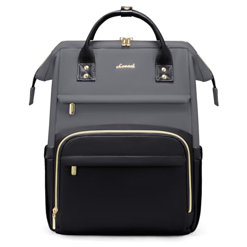 LOVEVOOK Leather Backpack for Women,17 inch Leather Laptop Backpacks Women,Professional Work Backpacks Nurse College Teacher Bag,Womens Laptop Tote Bag Computer Travel Backpack Purse,Smoky Gray-Black - color: Smoky Gray - Black, size: 17 Inch