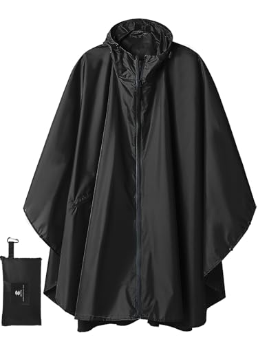 SaphiRose Unisex Rain Poncho Waterproof Raincoat Hooded for Adults Women with Pockets - color: Black