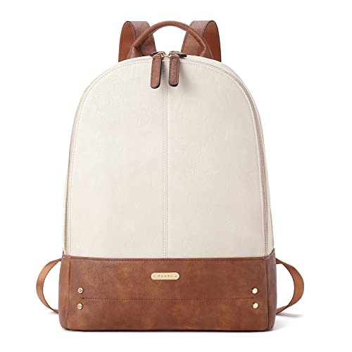 CLUCI Laptop Backpack for Women Leather 15.6 inch Computer Backpack Travel Vintage Large Bag Beige With Brown