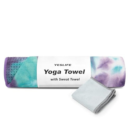 YESLIFE Non-Slip Extra Thick Hot Yoga Towel with One Sweat Towel, Microfiber Sweat Absorbent Yoga Mat Towel with Grip Dot, Pilates Mat, 72" x 24", Green&Purple - color: Green&purple