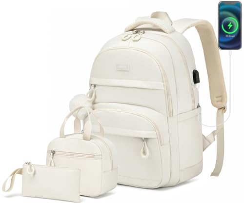 Girls Backpack with Lunch Box School Bag, 15.6in Laptop Backpack with USB Charging Hole for Middle High School, Aesthetic College Bookbag for Teens Students, Beige 3pcs - color: Beige-3pcs, size: 15.6in