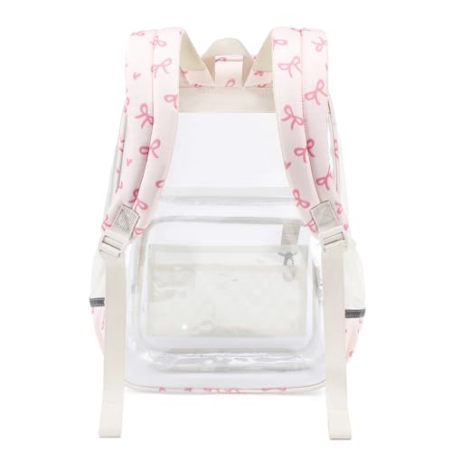 Sisipoet Clear Backpack for Girls with Bow Print, Heavy Duty Transparent Bookbag for School, Stadium, and Concert, Beige - color: White/Bow