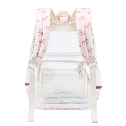 Sisipoet Clear Backpack for Girls with Bow Print, Heavy Duty Transparent Bookbag for School, Stadium, and Concert, Beige - color: White/Bow