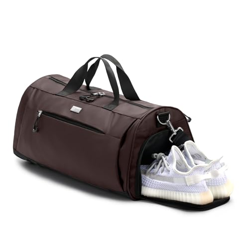 TOPDesign Gym Bag for Women & Men, Unisex Duffel Bag with Shoe Compartment & Wet Pocket for Travel Sports Gym (M Brown) - color: Brown, size: Medium - 20 x 10 x 10″