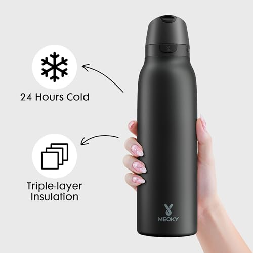 Meoky 24 oz Slim Insulated Water Bottle: Leak Proof Locking Lid, 2-in-1 Straw and Spout, 24 Hours Cold, Top Handle, BPA Free, Stainless Steel Water Bottle for Men Sports Travel Gym, Night - color: Night