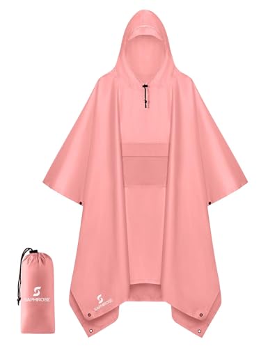 SaphiRose Extra Thick Hooded Rain Poncho Double Layer Waterproof Raincoat Jacket for Men Women Adults - color: Pink (Pause)