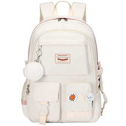 Classic Diamond School Backpack for Girls Laptop Backpack Cute Bookbag Kawaii College Backpack School Backpacks for Teens Girls Student (White) - color: White