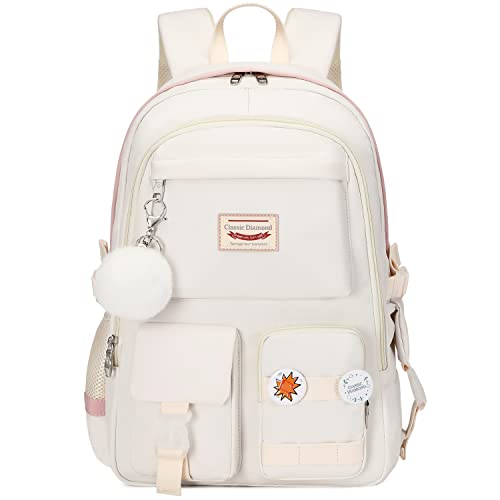 Classic Diamond School Backpack for Girls Laptop Backpack Cute Bookbag Kawaii College Backpack School Backpacks for Teens Girls Student (White) - color: White