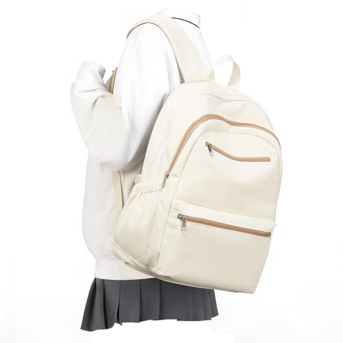 Lightweight School Backpack for Women Men, Multi Pocket Backpack for College Students, Waterproof Middle School Bags, Simple Bookbag for Teens Girls Boys, Beige - color: Beige