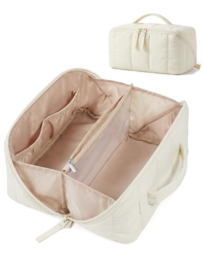 BAGSMART Travel Makeup Bag for Women, Portable Water-resistant Cosmetic Case, Puffy Padded Make Up Organizer Pouch, Open Flat Toiletry Bag for Toiletries, Brushes, Light Beige - color: 12-Light Beige