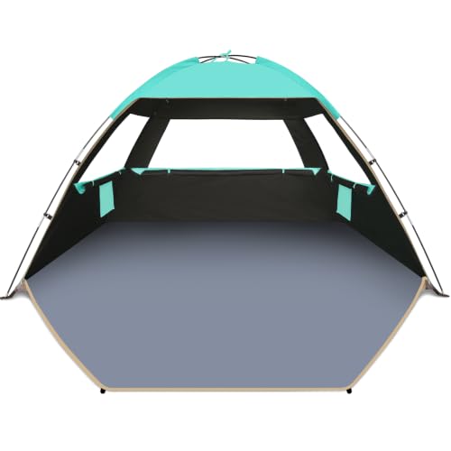 Gorich Beach Tent Sun Shelter for 3/4/6/8/10 Person with UPF 50＋ UV Protection, Lightweight & Easy Setup Beach Shade Canopy, Portable Beach Shade Tent Beach Cabana - color: Dark Shelter-Turquoise, size: 3 Person