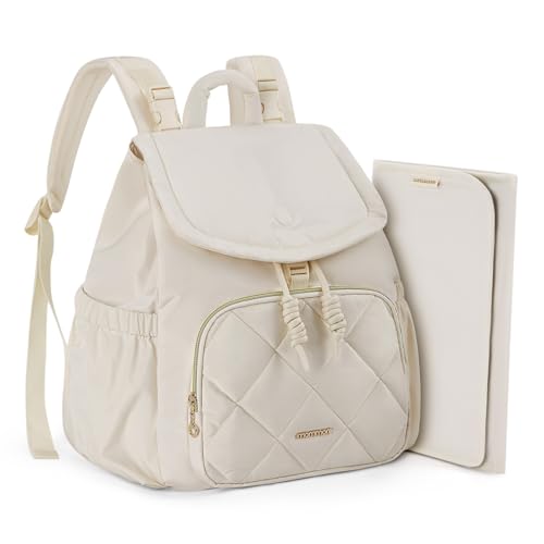mommore Diaper Bag Backpack, Small Diaper Backpack for Travel, Drawstring Puffer Diaper Bag, Lightweight Quilted Baby Bag with Stroller Straps, Changing Pad - color: Drawstring-beige