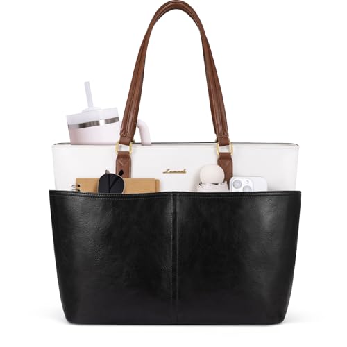 LOVEVOOK Work Tote Bags for Women, Vintage Leather 15.6 Inch Laptop Bag with Large Cup Holder, Teacher Nurse Medical Professional Computer Bag, Office Briefcase Handbag Gift - color: Beige-black-brown, size: 15.6 Inch