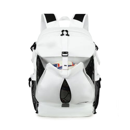 Basketball Backpack with Ball and Shoes Compartment Large Basketball Bag Backpack for Men Women Fit Volleyball, Soccer, Football, Sports Training Equipment Bags, White - color: White