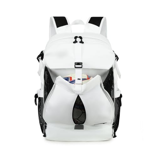 Basketball Backpack with Ball and Shoes Compartment Large Basketball Bag Backpack for Men Women Fit Volleyball, Soccer, Football, Sports Training Equipment Bags, White - color: White