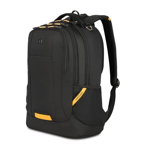 SWISSGEAR Cecil Laptop Backpack, Fits Most 16-Inch Laptops, Three-Compartment Design, Airflow Back Panel, Black, 27.3L, 18-Inch - color: Black/Gold