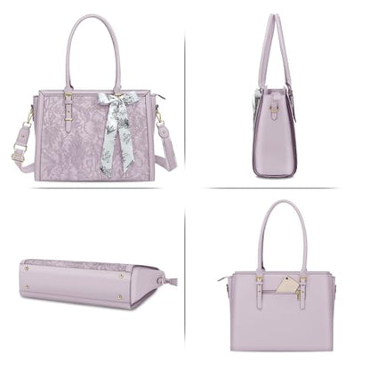 MOSISO Laptop Bag for Women, 17-17.3 inch PU Leather Tote Bag Compatible with MacBook, HP, Dell, Asus Notebook, Front Embossed Retro Hibiscus Computer Bags with Silk Scarf&Clutch Purse, Dusty Lilac - color: Dusty Lilac, size: 17.3 inch
