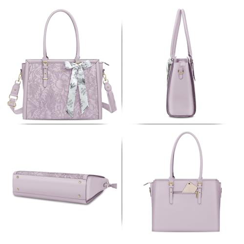 MOSISO Laptop Bag for Women, 15.6-16 inch PU Leather Tote Bag Compatible with MacBook, HP, Dell, Asus Notebook, Front Embossed Retro Hibiscus Computer Bags with Silk Scarf&Clutch Purse, Dusty Lilac - color: Dusty Lilac, size: 16 inch