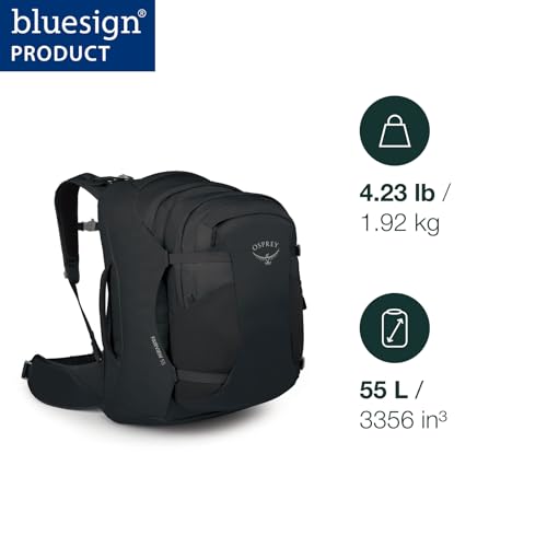 Osprey Fairview 55L Women's Travel Backpack - Carry On Bag with Personal Item Sized Detachable Daypack, Black, Extended Fit - color: Black, style: 55l - Extended Fit