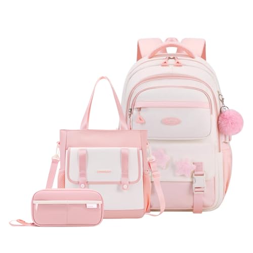 3Pcs Girls Backpack for School Kids with Tote Bag, Pink Kids School Bag for Teen Girls, with Star Pins and Furry Pendant, A08-3Pcs Pink - color: A08-3pcs Pink