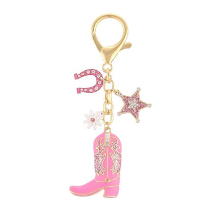 Madison Tyler Western Cowboy Boots Cherry Bow Bubble Tea Strawberry Cute Keychain | Bag Charms for Handbags Purse Charms - color: Pink Boots