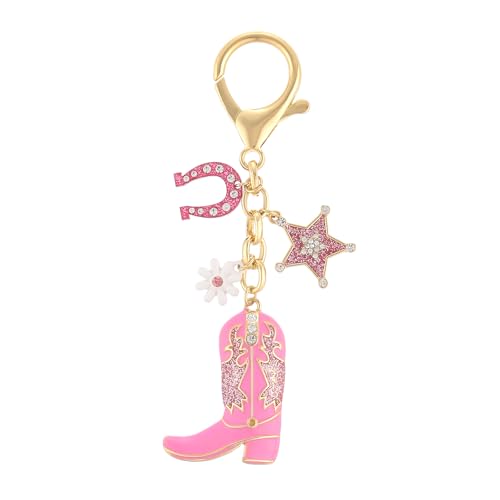 Madison Tyler Western Cowboy Boots Cherry Bow Bubble Tea Strawberry Cute Keychain | Bag Charms for Handbags Purse Charms - color: Pink Boots