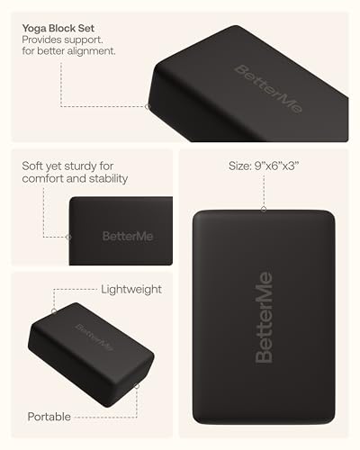 BetterMe Yoga Blocks Set of 2 – High Density Foam Yoga Blocks for Stretching, Pilates & Workouts – Lightweight Non-Slip Exercise Blocks for Flexibility & Balance - color: Black