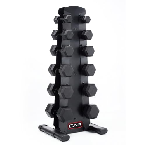 CAP Rubber Coated Hex Dumbbell Set with Storage Rack | 100–210 lb Options, Space-Saving Vertical Compact Storage for Home Gym Strength Training - size: 210 lb - Set - Black Rack, style: Black Handle