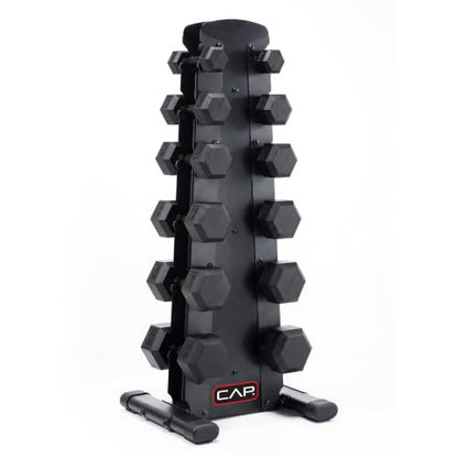 CAP Rubber Coated Hex Dumbbell Set with Storage Rack | 100–210 lb Options, Space-Saving Vertical Compact Storage for Home Gym Strength Training - size: 210 lb - Set - Black Rack, style: Black Handle
