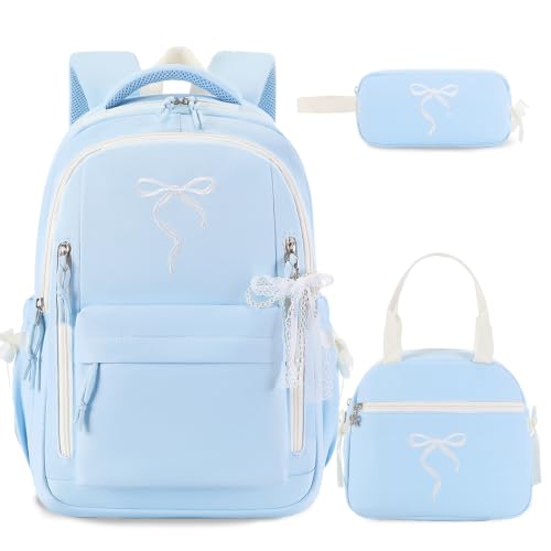 Kids Backpack for Girls - 3PCS Cute Embroidered Bow Girls Backpack with Insulated Lunch Bag & Pencil Case - Bookbag for Teen Women Middle High School College Work Travel Daypack - color: Blue Beige
