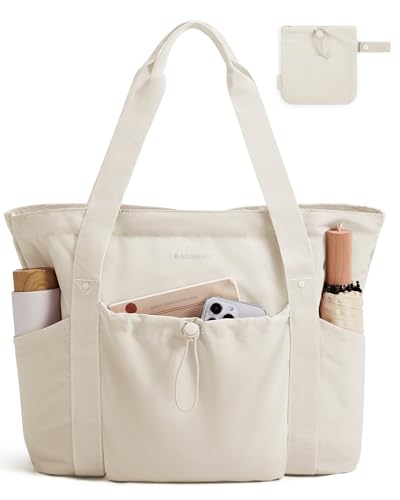 BAGSMART Foldable Tote Bag with Drawstring Bag, Tote Bag Shoulder Bag Top Handle Handbag for Travel, Work, Beach, Gym - color: Beige, size: One Size