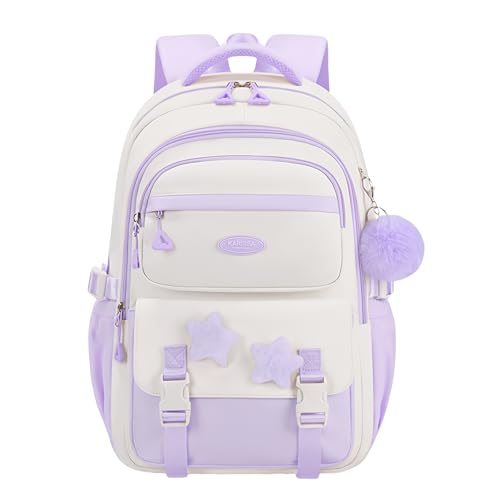 Kids Backpack for Girls, Teen Girls Backpack for Elementary Middle School Kids, with Star Pins and Furry Pendant, A08-Purple - color: A08-purple