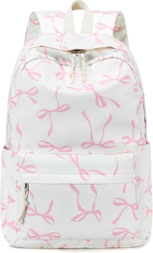 Bluboon School Backpack for Teen Girls Women Laptop Backpack College Bookbags Middle School Travel Work Commuter Back Pack - color: Pink Bow With Beige Base