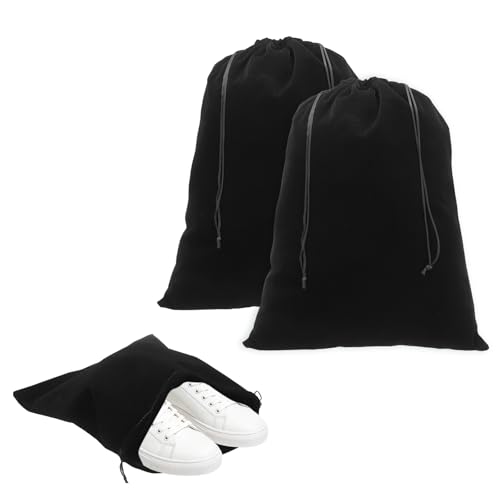Cloth Shoe Bags for Travel, Flannel Pouch with Drawstring Closure Washable Breathable Cotton Fabric, 15.8x11.8" & 2 Pcs & Black- Fit for (Men Women/Luggage/Storage) - color: Black