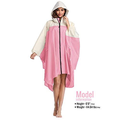 SaphiRose Unisex Rain Poncho Waterproof Raincoat Hooded for Adults Women with Pockets - color: A-pink-white