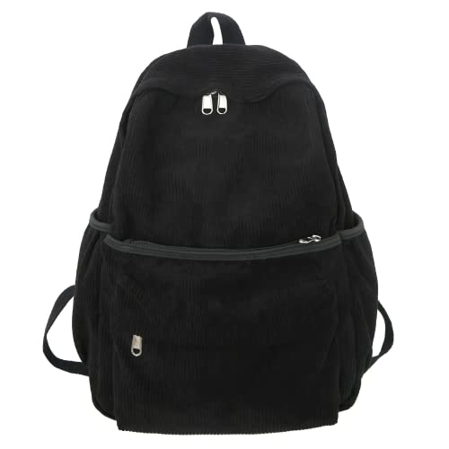 Preppy Corduroy Aesthetic Backpack 15.6 inch Laptop College Backpack Cute Book Bag Travel Rucksack Daypack (One Size,Black) - color: Black