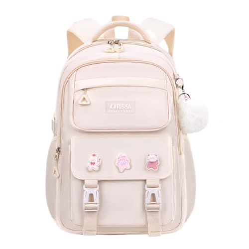 Cute Backpack for Kids Teen Girls Boys Kawaii Aesthetic Elementary Middle School Student Bookbag Preppy Laptop Backpack for Ages 6-8 8-10 10-12 with Pin Accessories Plush Pendant, Beige - color: Beige, size: Small