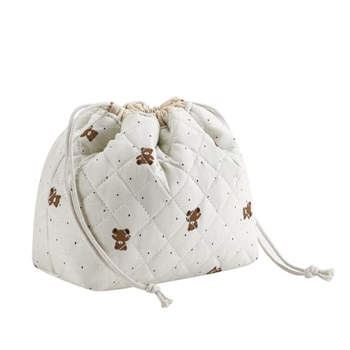 Cotton Quilted Drawstring Makeup Bag with Canvas Lining,Coquette Aesthetic Cute Travel Toiletry Bag,Drawstring Gift Bag for Women and Girls（15Dot Bear） - color: 15Dot Bear