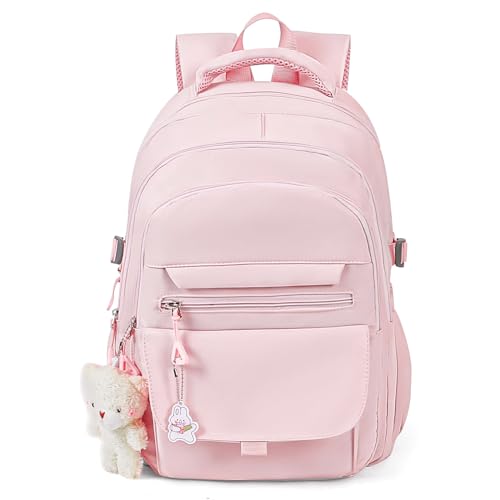 PRLINJSK Girls Backpack for College High Middle School Student, Cute Aesthetic Bookbag for Teens Women with Accessories,Pink - color: Pink, size: 17.5 Inch