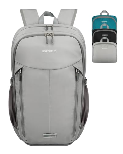 WATERFLY Lightweight Packable Backpack, 25L Small Foldable Travel Daypack | Multi-Pocket with Luggage Strap, Breathable Back Pad, Comfortable to wear, Easy to Fold, Compact Day Pack for Hiking Outdoor - color: Grey