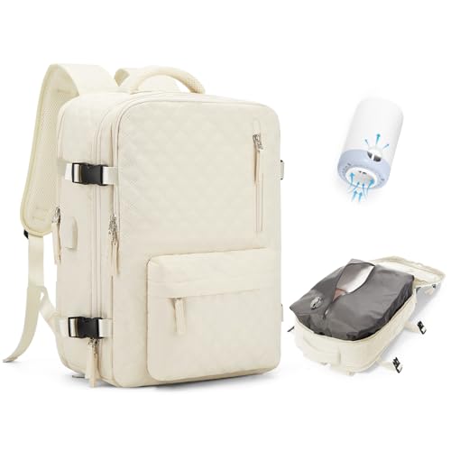 WONHOX Travel Vacuum Storage Backpack with Air Pump Vacuum Seal Compression Space Saver Bags Clothing Vacpack 18x14x8 inches Travel Bag Carry on Personal item Laptop Work Backpacks Women Men Beige - color: A5-beige-(with Air Pump)