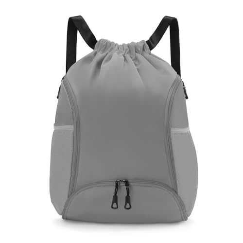 Valleycomfy Sports Gym Bag Drawstring Backpack with Shoes Basketball Bag and Two Water Bottle Holder,Grey - color: Grey