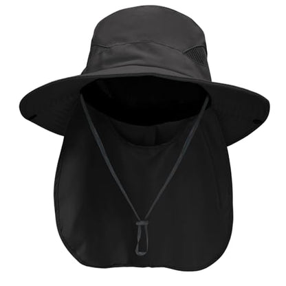 NPQQUAN Sun Hats for Men Women with Neck Flap UPF 50+ UV Protection Wide Brim Bucket Hat Safari Hiking Fishing Hats - color: Black（neck Flap）