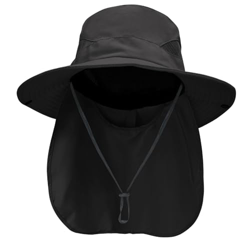 NPQQUAN Sun Hats for Men Women with Neck Flap UPF 50+ UV Protection Wide Brim Bucket Hat Safari Hiking Fishing Hats - color: Black（neck Flap）