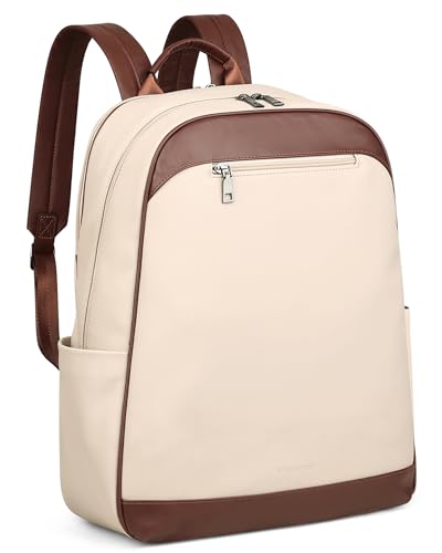 MASINTOR 15.6 inch Leather Laptop Backpack Purse for Women, Designer Travel and Work Bag with Laptop Compartment Beige Brown - color: Beige Brown