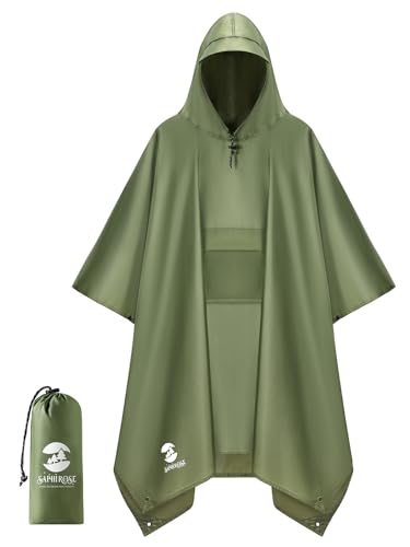 SaphiRose Extra Thick Hooded Rain Poncho Double Layer Waterproof Raincoat Jacket for Men Women Adults - color: Green