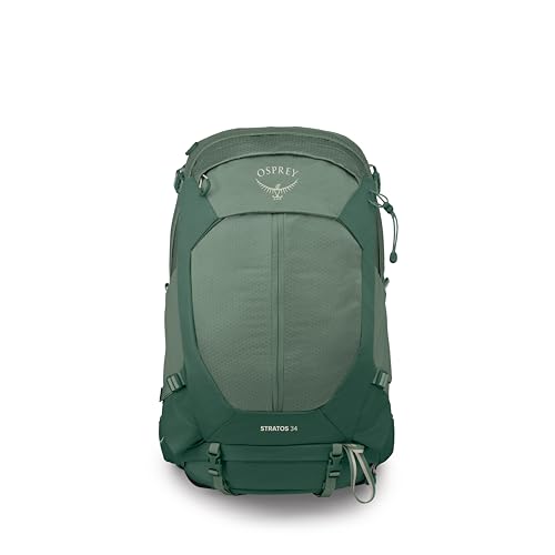 Osprey Stratos 34L Men's Hiking Backpack - Camping Bag with Waterproof Raincover, Bottle Pockets, & Gear Straps, Pine Leaf - color: Pine Leaf, style: 34l